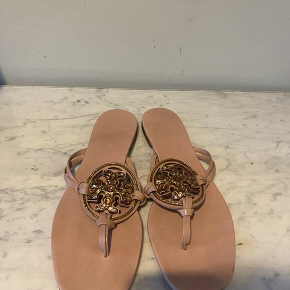 Tory Burch Jeweled Miller Logo Sandals Womens Size 11 Pink Thong Leather Shoes - Picture 3 of 8